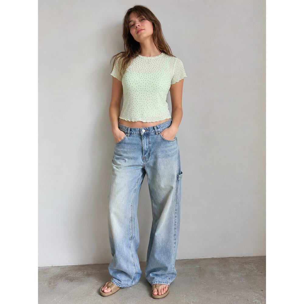 Tinseltown Green Mesh Cropped Top Rhinestones Size Large Sheer Dopamine